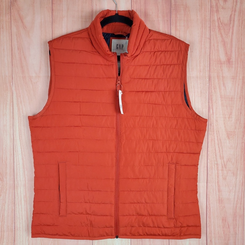 Gap Mens Puffer Vest Large Orange 100% Polyester Sleeveless Pockets Full Zip